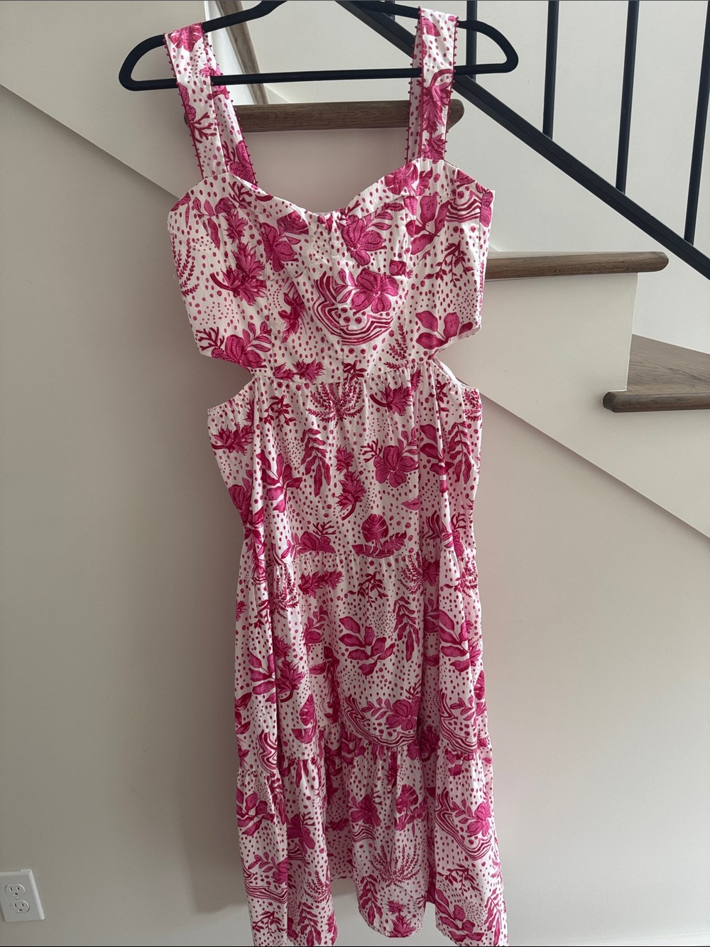 Zara White Midi Dress with Pink Floral Print and Cutouts
